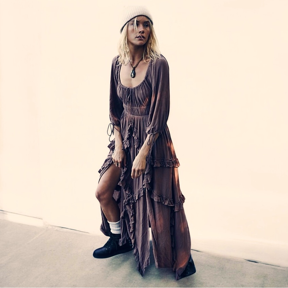 Boho Ruffle Maxi Dress — Mauve Taupe. Piratecore.